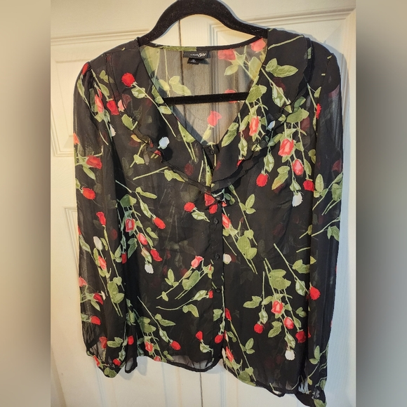 East 5th Tops - East 5th Black Sheer Blouse with Red Floral Design